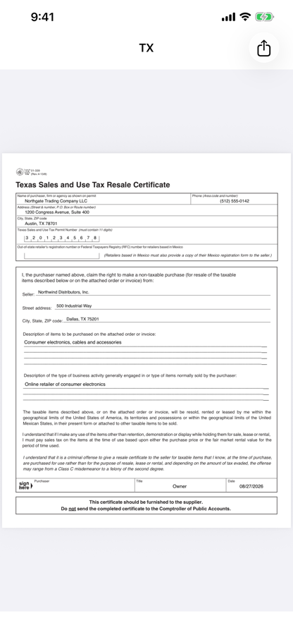 A completed Texas resale certificate PDF