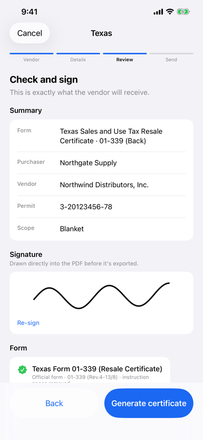 The review and signature screen