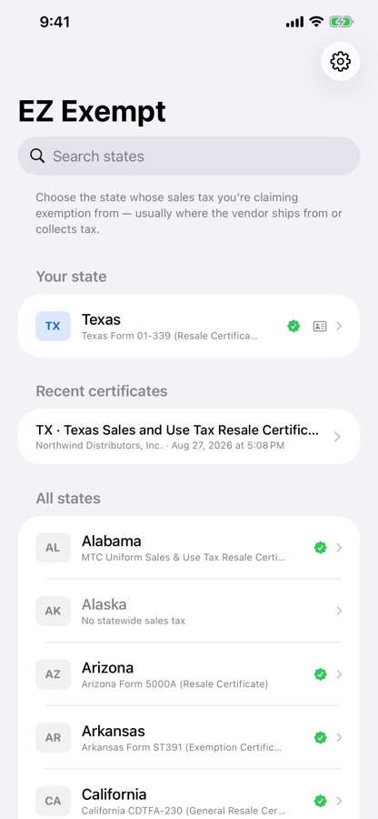 The state list, with Texas at the top and recent certificates beneath it